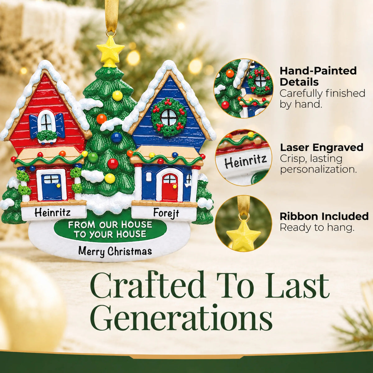 Hand-painted, laser engraved Neighbor House christmas ornament, ribbon included