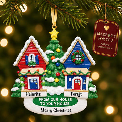 Neighbor House christmas ornament hanging on a lit Christmas tree with a Made Just For You gift tag