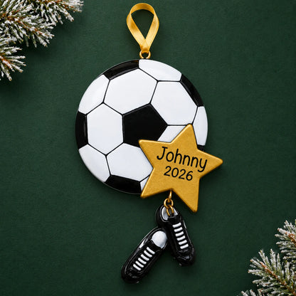 Personalized soccer star christmas ornament on a dark green pine background