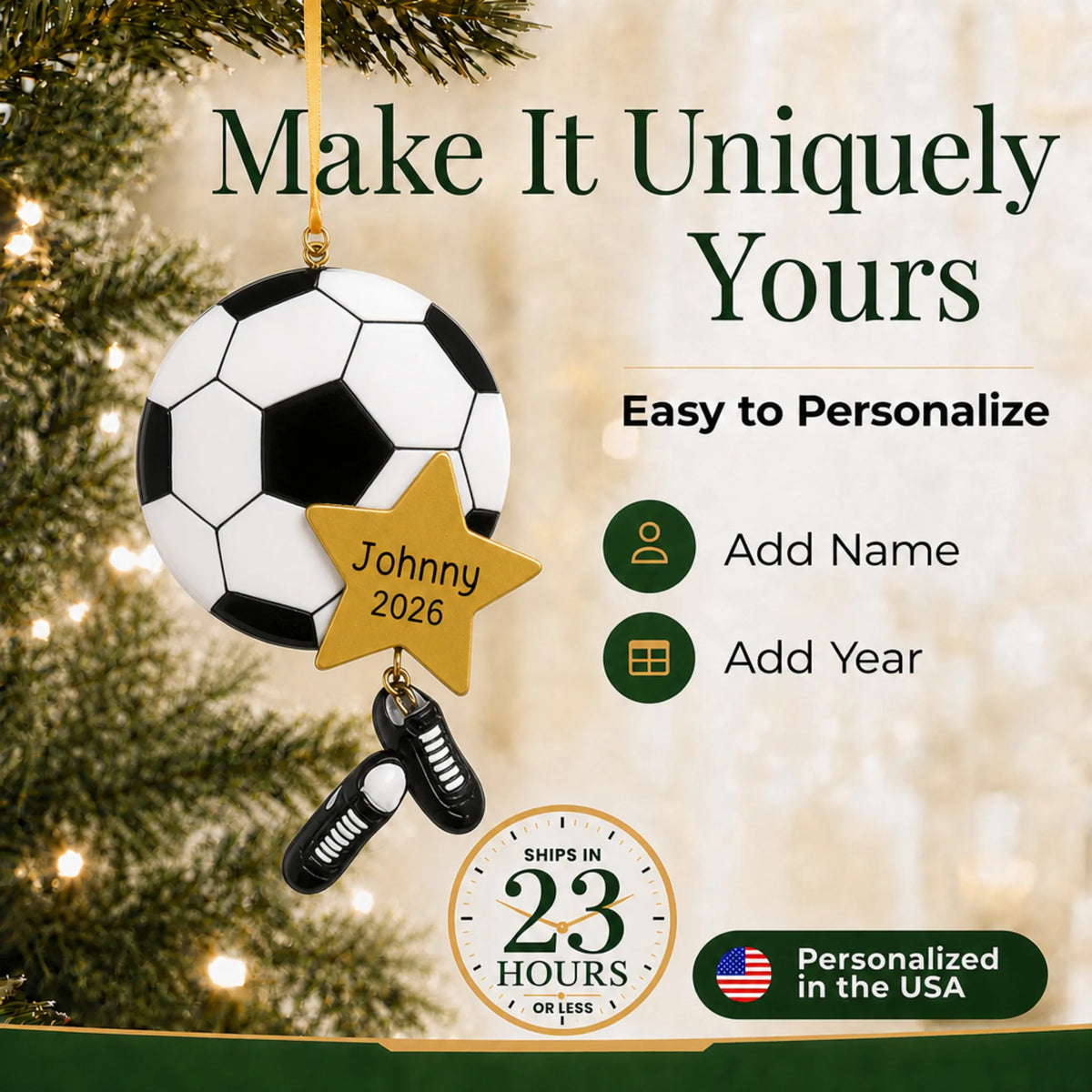 Make it yours: add name and year to the personalized soccer star christmas ornament