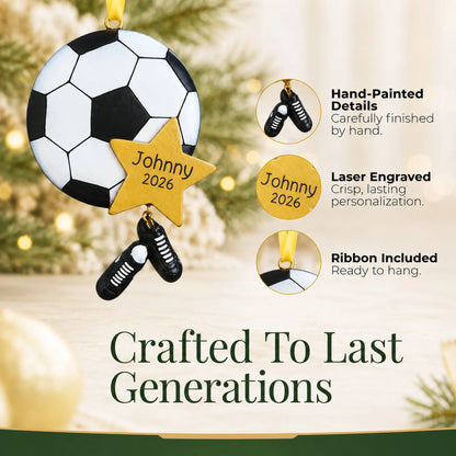 Hand-painted details and laser engraved personalization on the soccer star christmas ornament, ribbon included