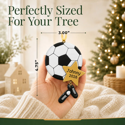 Size guide: the personalized soccer star christmas ornament is 3.00 in wide by 4.75 in tall, shown in hand