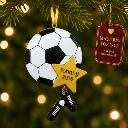 Soccer star christmas ornament hanging on a lit Christmas tree with a Made Just For You gift tag