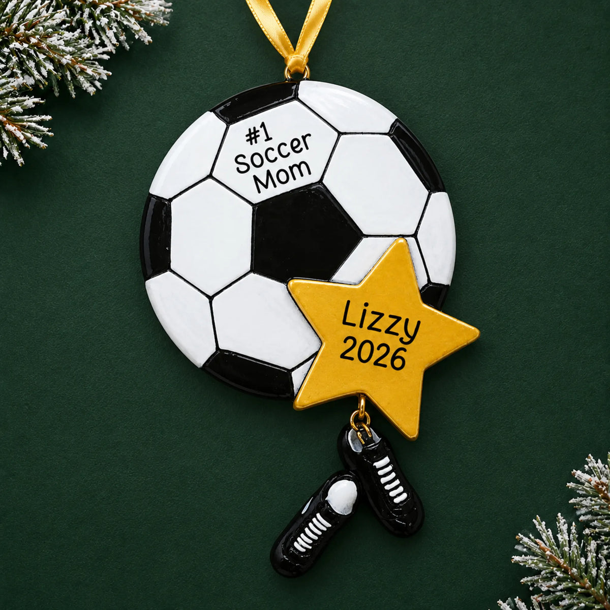 Personalized soccer mom christmas ornament on a dark green pine background