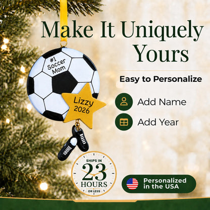 Make it yours: add name and year to the personalized soccer mom christmas ornament