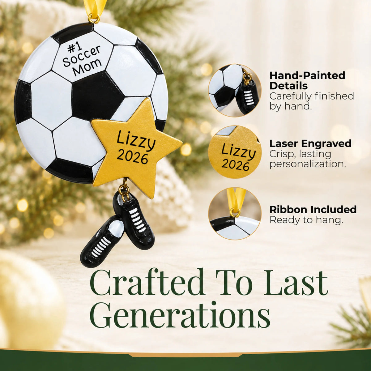 Hand-painted details and laser engraved personalization on the soccer mom christmas ornament, ribbon included