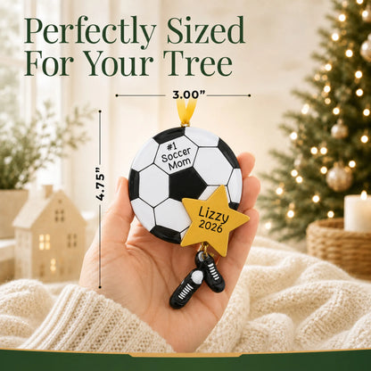 Size guide: the personalized soccer mom christmas ornament is 3.00 in wide by 4.75 in tall, shown in hand