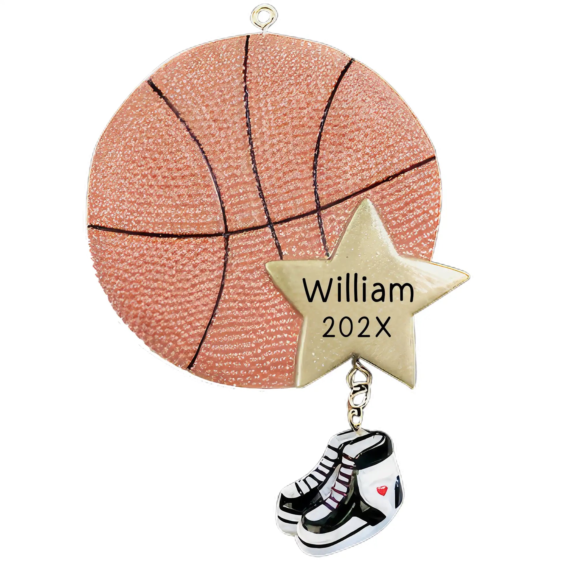 Personalized basketball star Christmas ornament with glittery orange basketball, gold star and black and white high-top sneakers, customizable with name and yearRetry