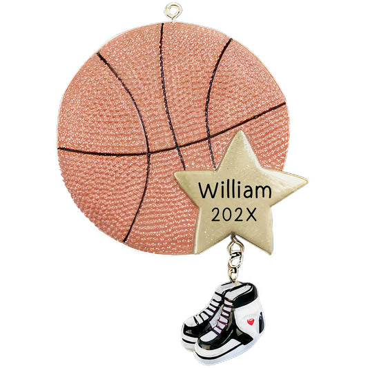 Personalized basketball star Christmas ornament with glittery orange basketball, gold star and black and white high-top sneakers, customizable with name and yearRetry