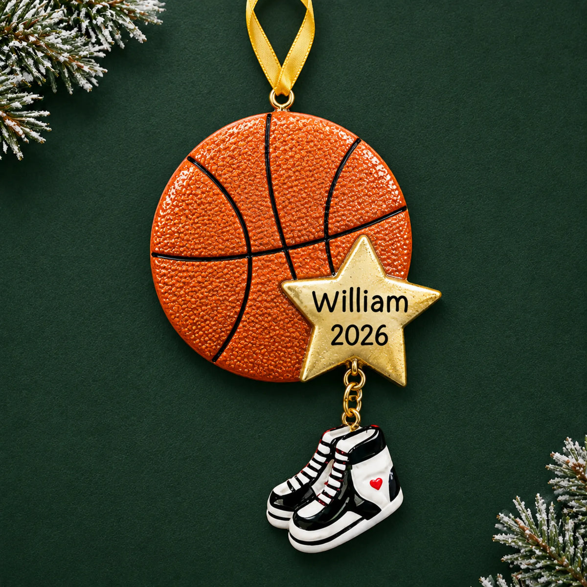 Personalized basketball star christmas ornament on a dark green pine background