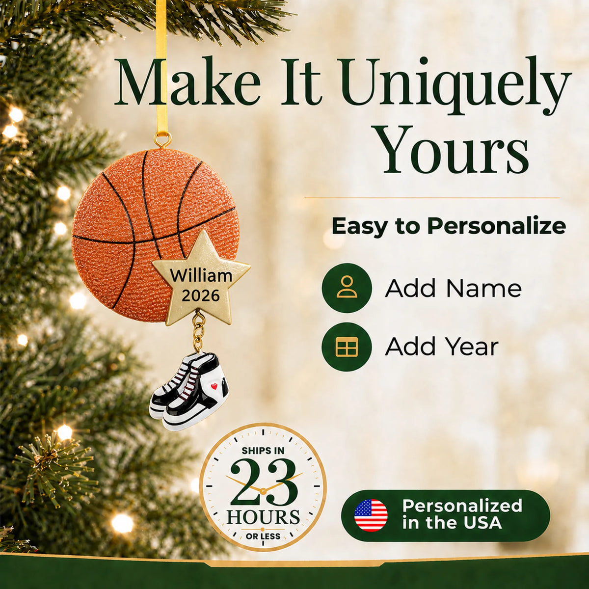 Make it yours: add name and year to the personalized basketball star christmas ornament