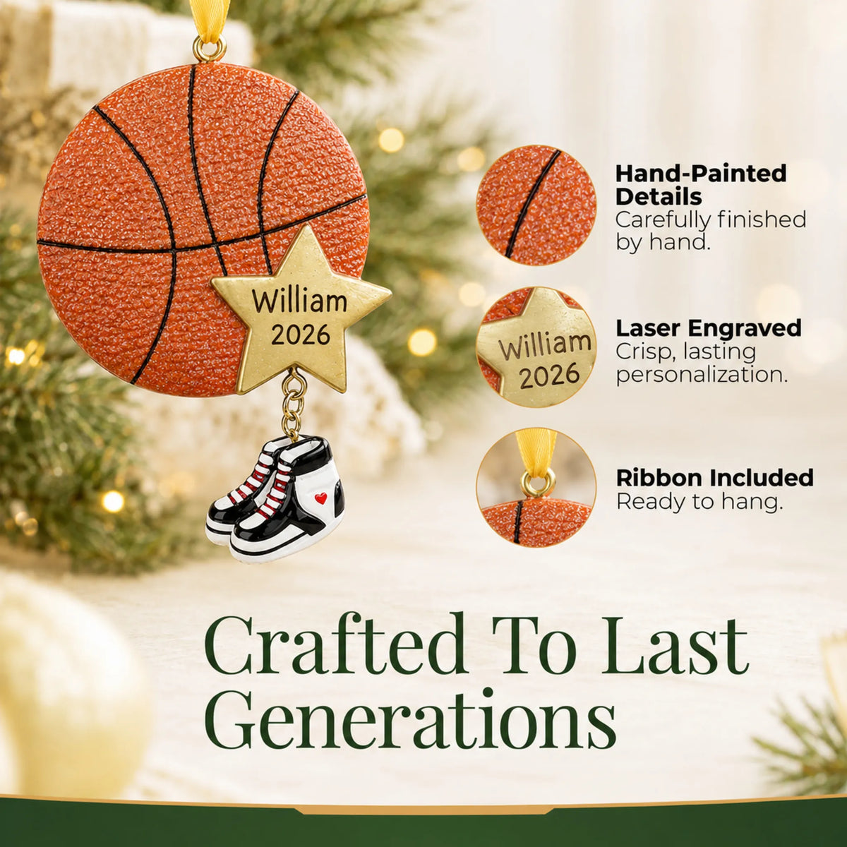 Hand-painted details and laser engraved personalization on the basketball star christmas ornament, ribbon included
