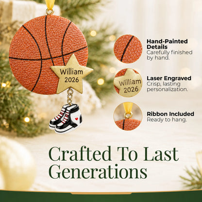 Hand-painted details and laser engraved personalization on the basketball star christmas ornament, ribbon included