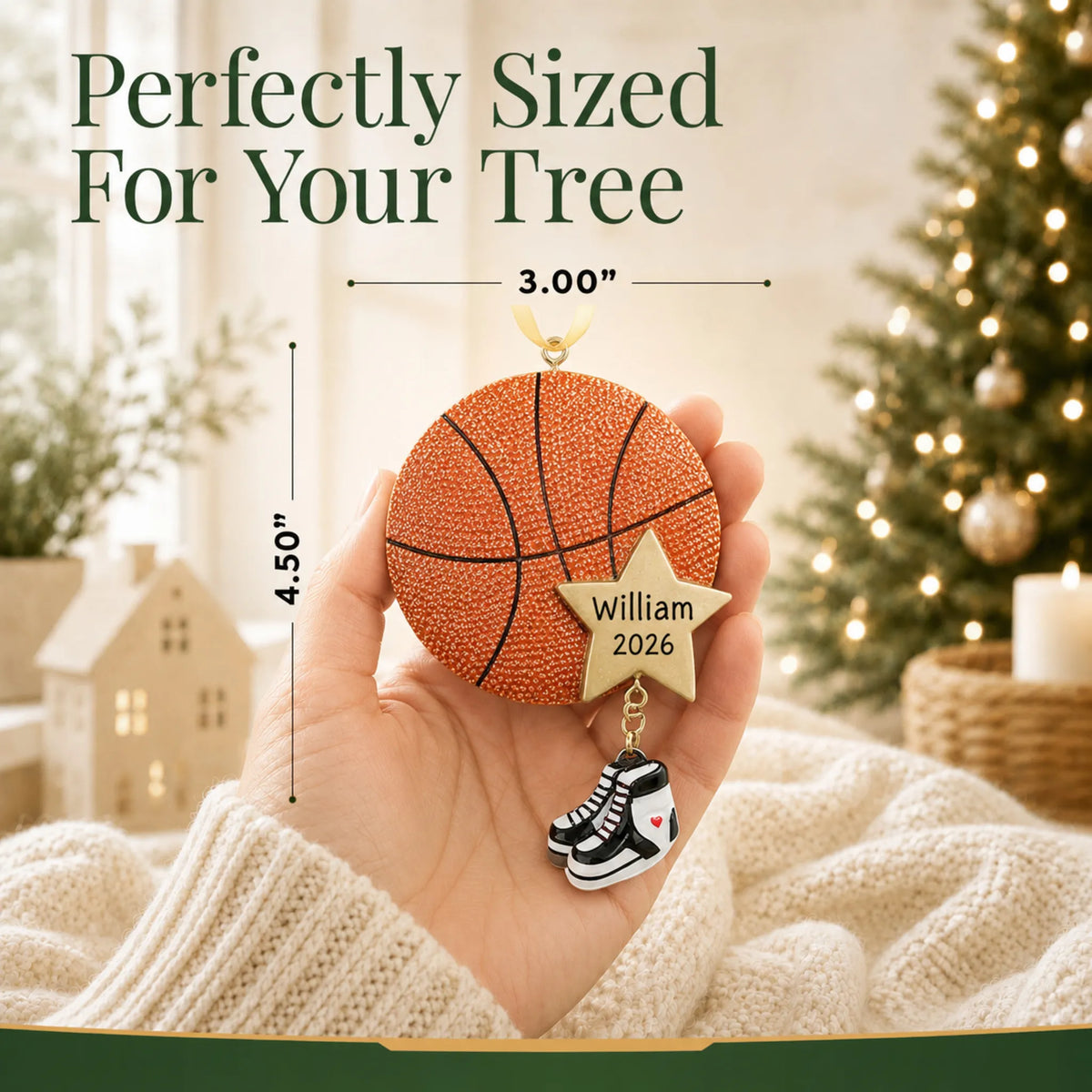 Size guide: the personalized basketball star christmas ornament is 3.00 in wide by 4.50 in tall, shown in hand
