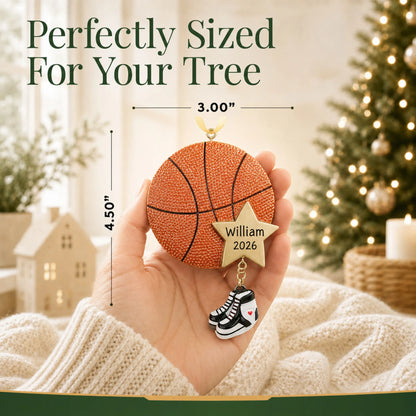 Size guide: the personalized basketball star christmas ornament is 3.00 in wide by 4.50 in tall, shown in hand