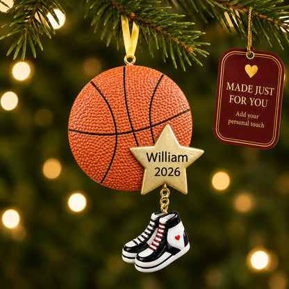 Basketball star christmas ornament hanging on a lit Christmas tree with a Made Just For You gift tag
