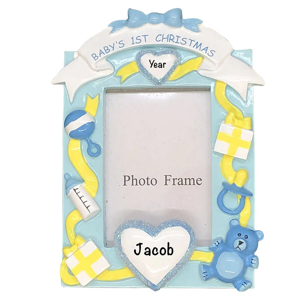 Baby's 1st Christmas Photo Frame Personalized Ornament (Blue)