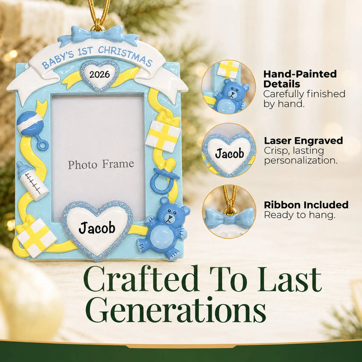 Hand-painted, laser engraved blue baby's 1st christmas photo frame ornament, ribbon included