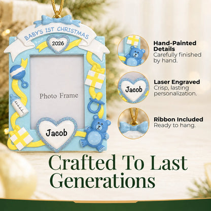 Hand-painted, laser engraved blue baby's 1st christmas photo frame ornament, ribbon included