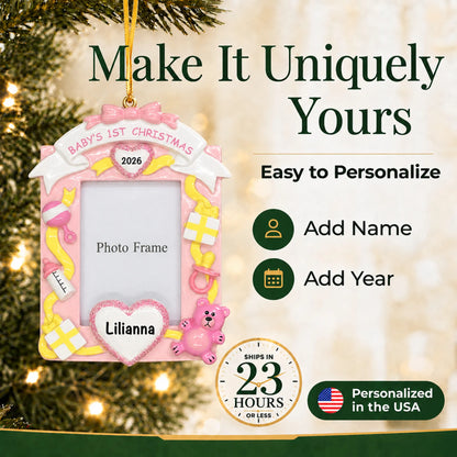 Make it yours: add name and year to the personalized pink baby's 1st christmas photo frame ornament