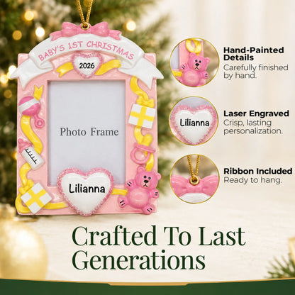 Hand-painted, laser engraved pink baby's 1st christmas photo frame ornament, ribbon included