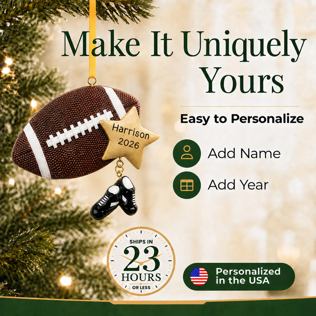 Make it yours: add name and year to the personalized football star christmas ornament