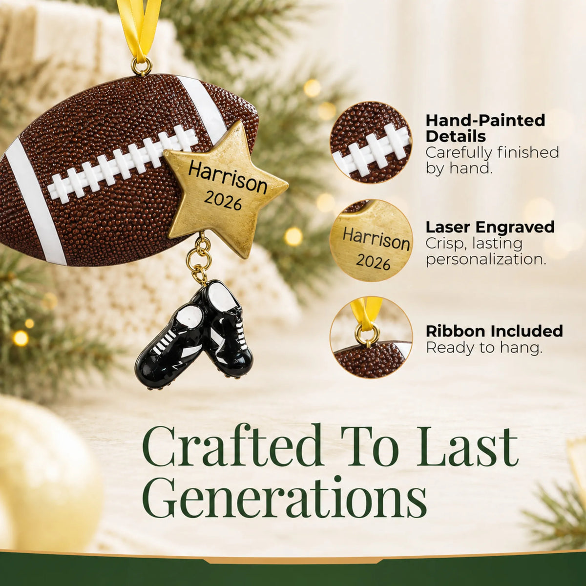 Hand-painted details and laser engraved personalization on the football star christmas ornament, ribbon included