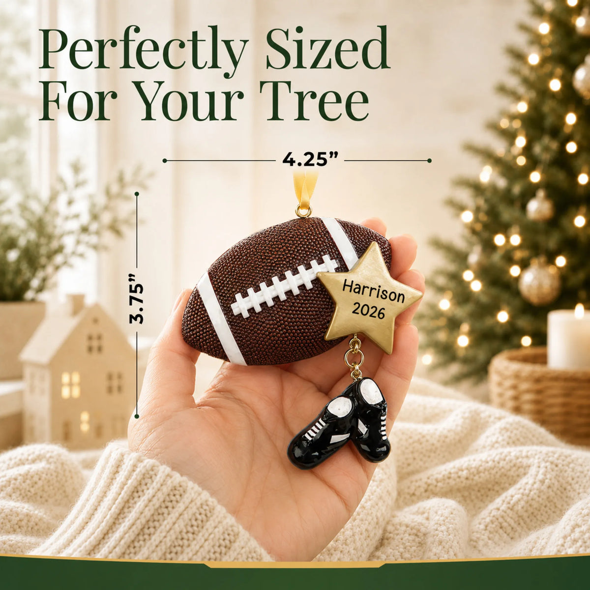 Size guide: the personalized football star christmas ornament is 4.25 in wide by 3.75 in tall, shown in hand