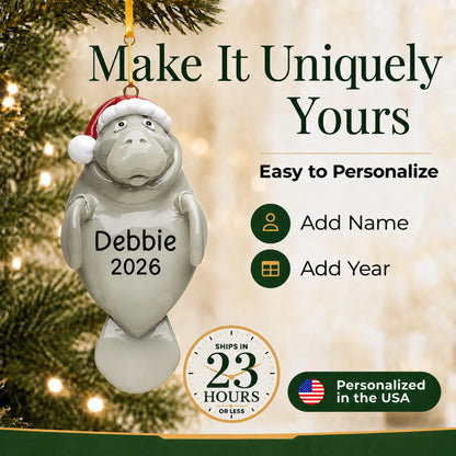 Make it yours: add a name and year to the personalized manatee christmas ornament