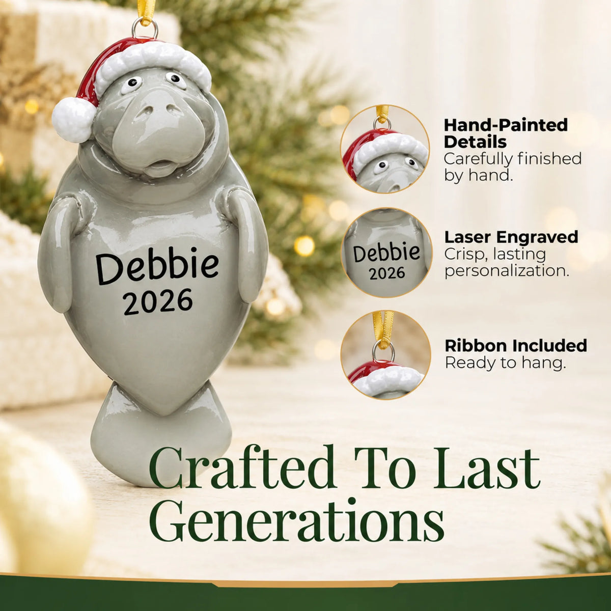 Hand-painted details and laser engraved personalization on the manatee christmas ornament, ribbon included
