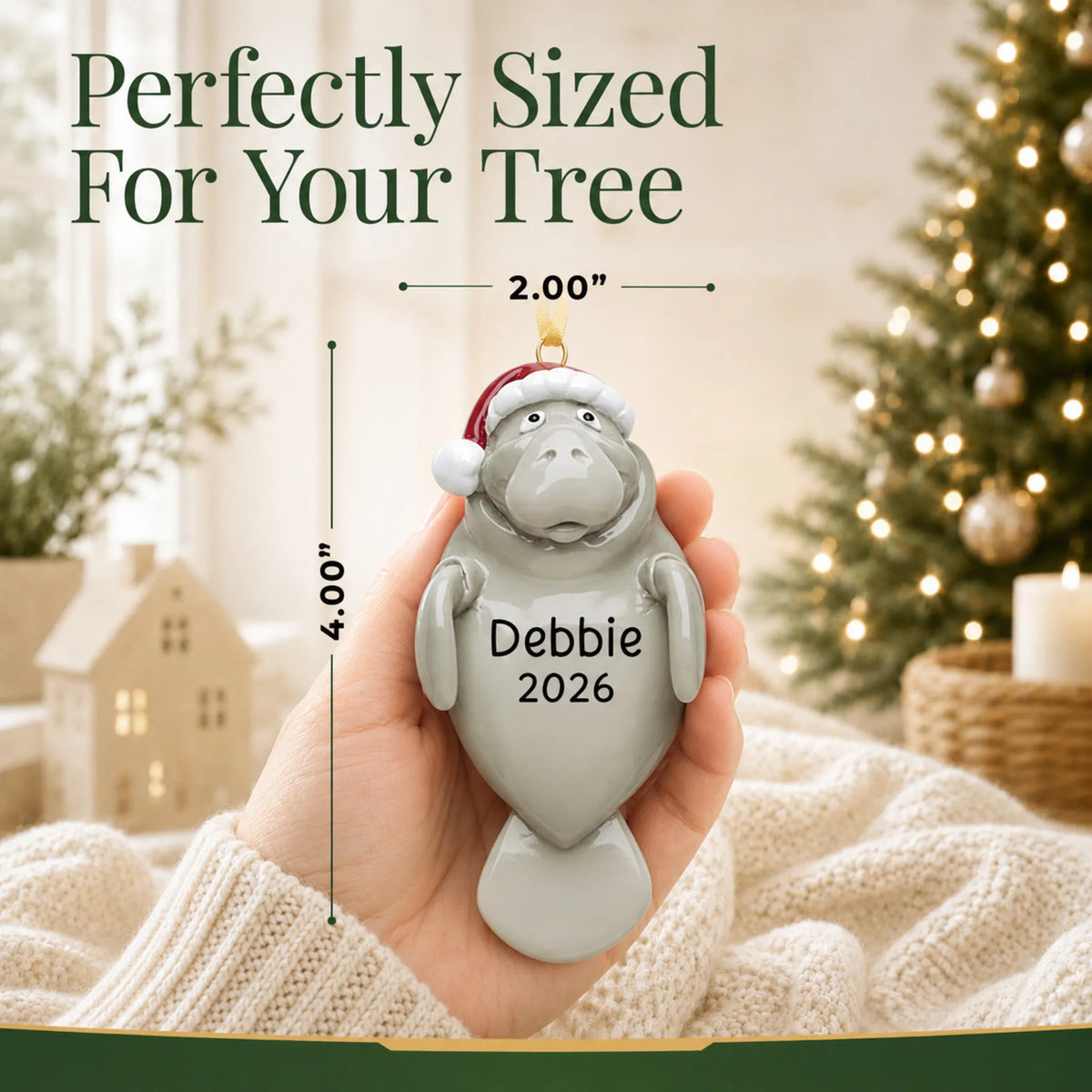 Size guide: the personalized manatee christmas ornament is 2.00 in wide by 4.00 in tall, shown in hand