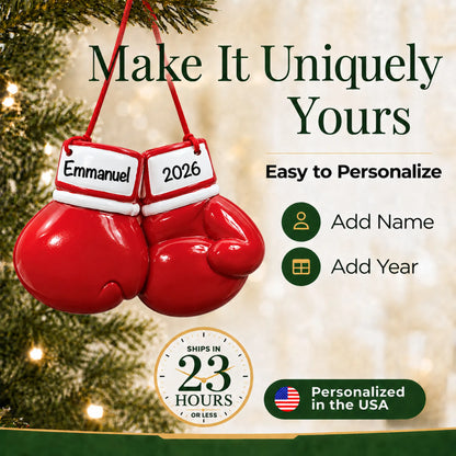 Make it yours: add name and year to the personalized boxing gloves christmas ornament