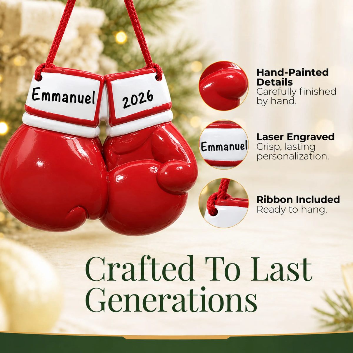 Hand-painted details and laser engraved personalization on the boxing gloves christmas ornament, ribbon included