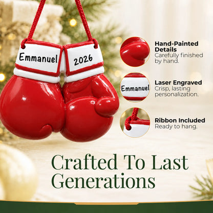 Hand-painted details and laser engraved personalization on the boxing gloves christmas ornament, ribbon included
