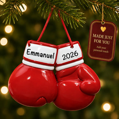 Boxing gloves christmas ornament hanging on a lit Christmas tree with a Made Just For You gift tag