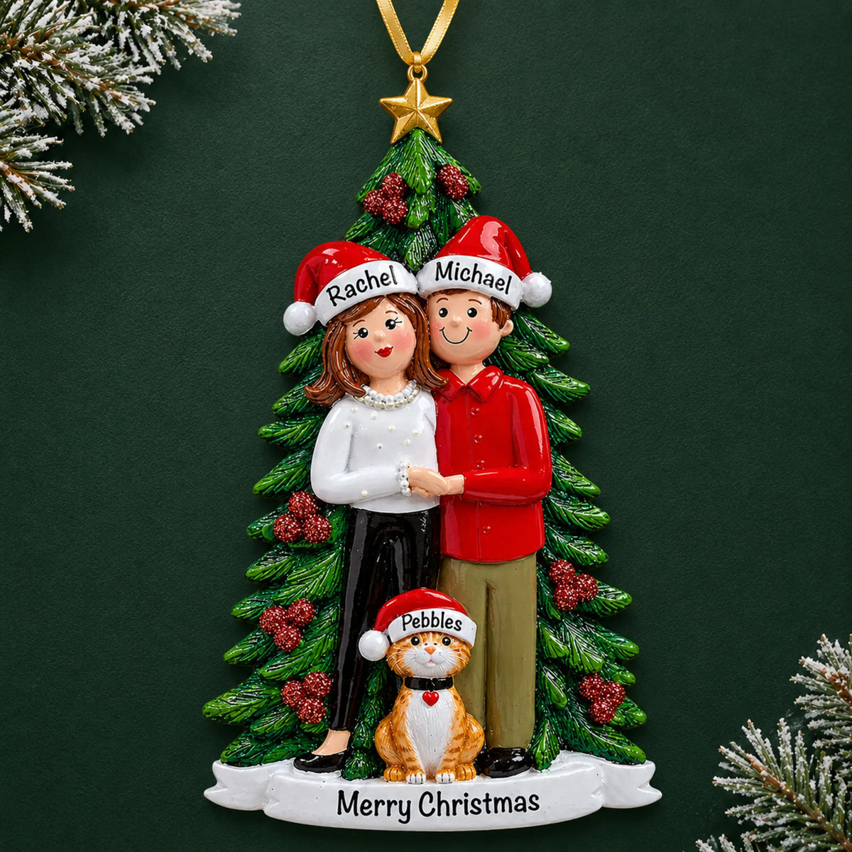 Personalized couple with cat christmas ornament on a dark green pine background