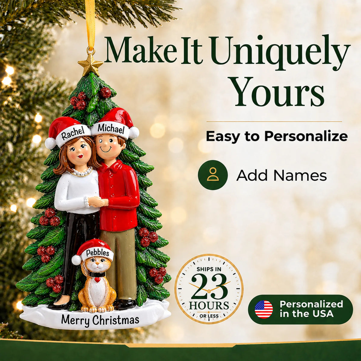 Make it yours: add names to the personalized couple with cat christmas ornament