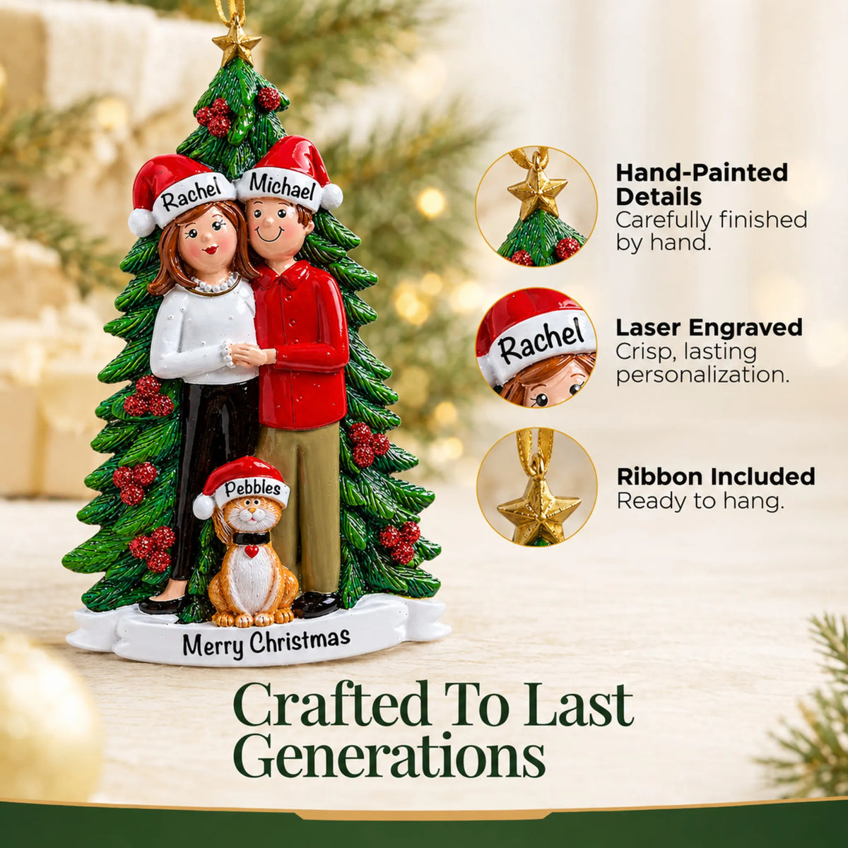 Hand-painted details and laser engraved personalization on the couple with cat christmas ornament, ribbon included