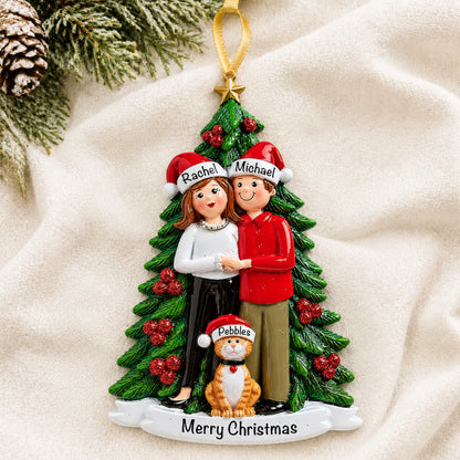 Personalized couple with cat christmas ornament laid on a soft white knit blanket