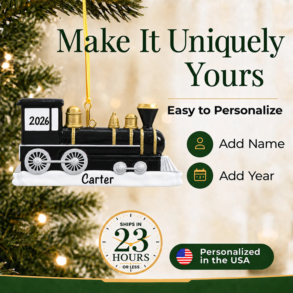 Make it yours: add name and year to the personalized locomotive train christmas ornament