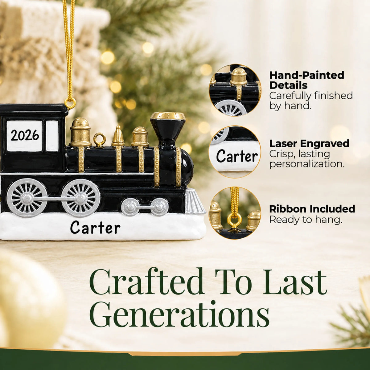 Hand-painted details and laser engraved personalization on the locomotive train christmas ornament, ribbon included