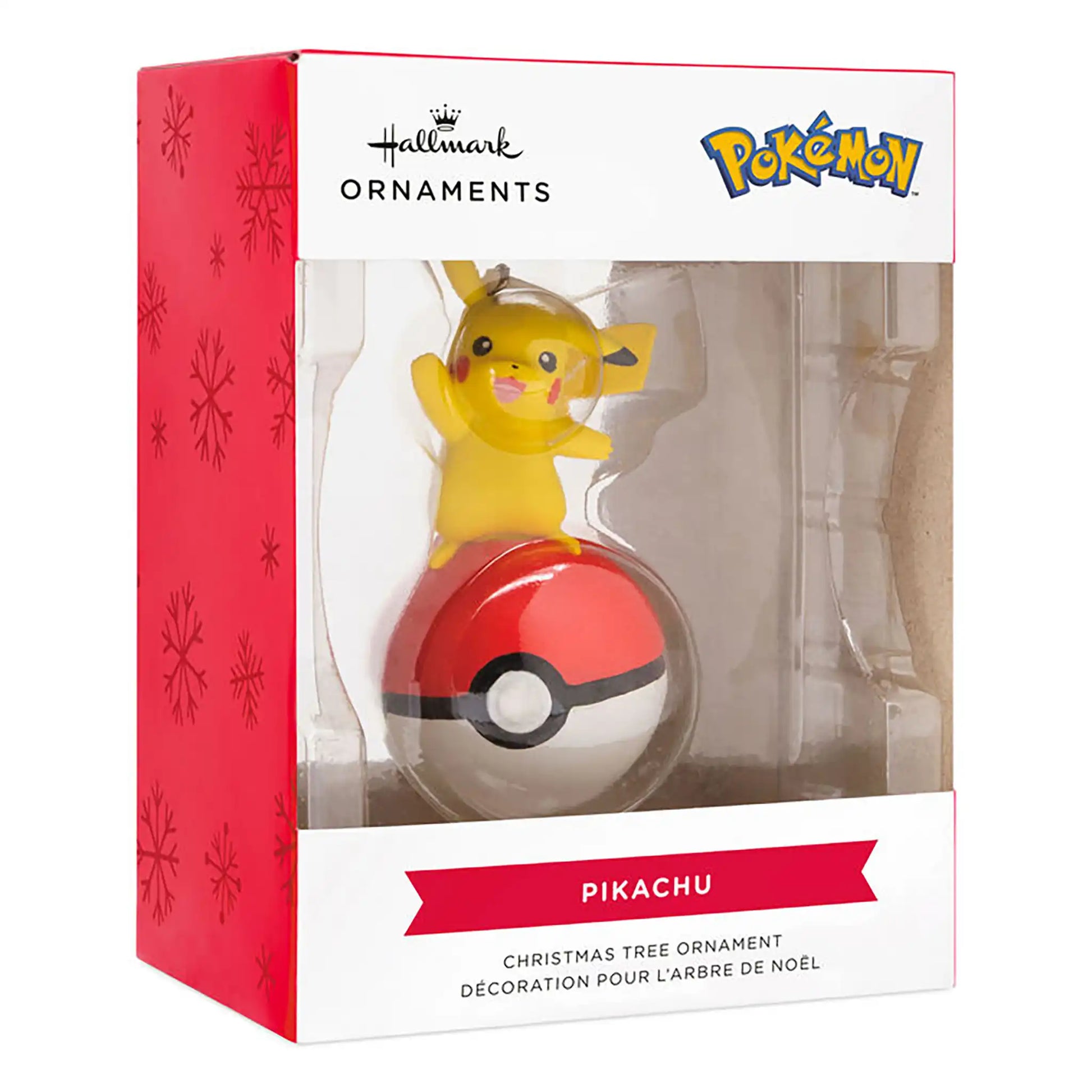 Licensed Pikachu ornament standing on red and white Pokéball with arms spread and personalization area