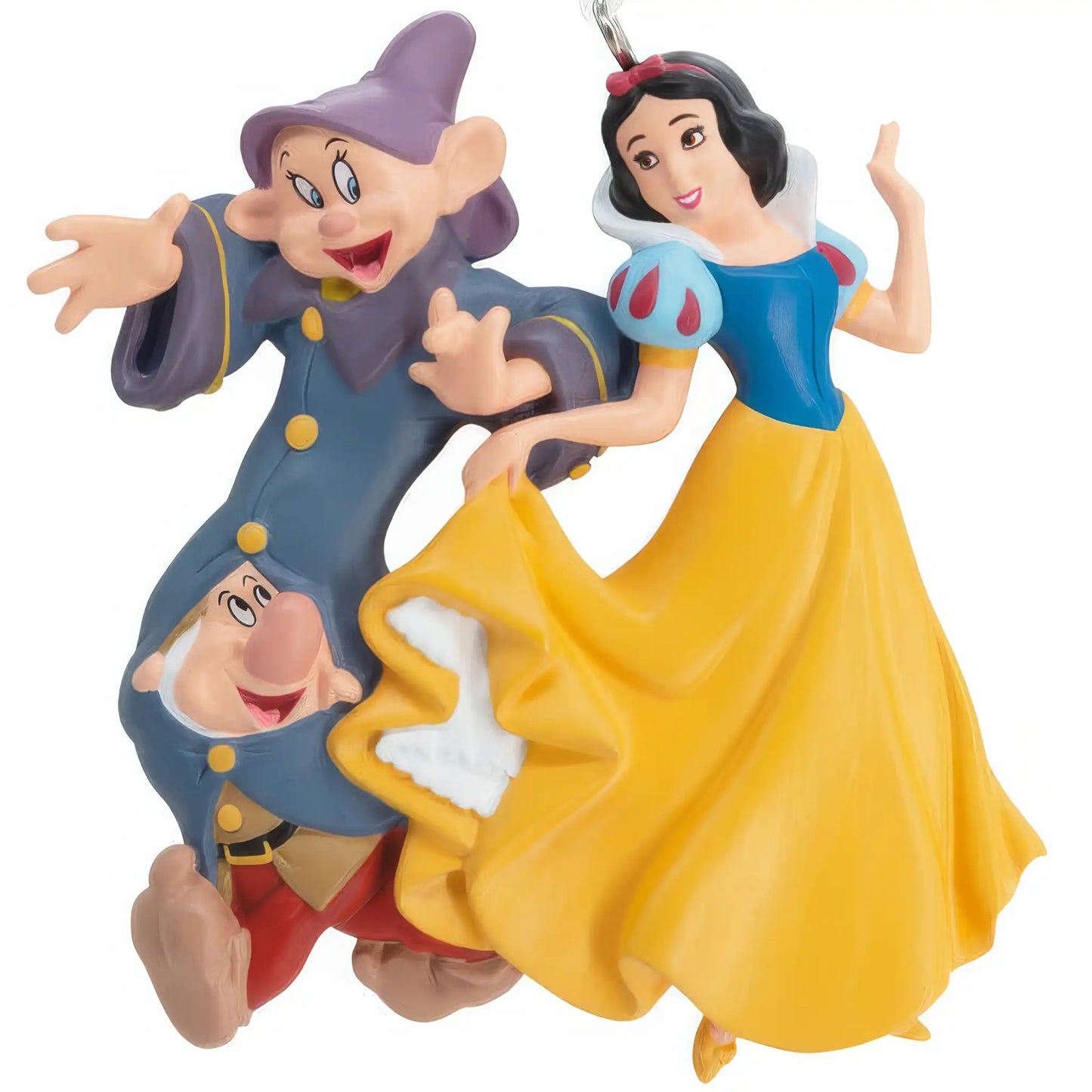 Licensed Disney Snow White ornament dancing with two dwarfs in blue, yellow and purple outfits