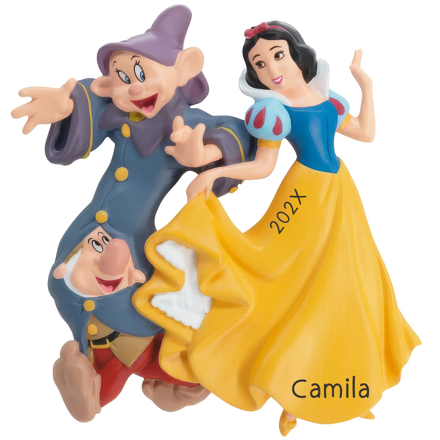 Licensed Disney Snow White ornament dancing with two dwarfs in blue, yellow and purple outfits