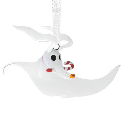 A personalized Disney Nightmare Before Christmas Zero ornament featuring Jack Skellington’s ghost dog holding a candy cane, customizable with a name and year.