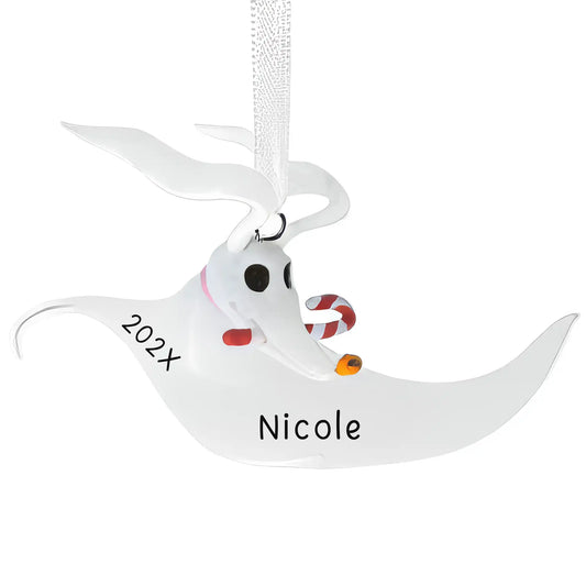 A personalized Zero ghost dog ornament from The Nightmare Before Christmas, ready for a name and year on its body.