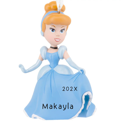Licensed Disney Cinderella ornament in blue ball gown with headband and gloves, personalized keepsake