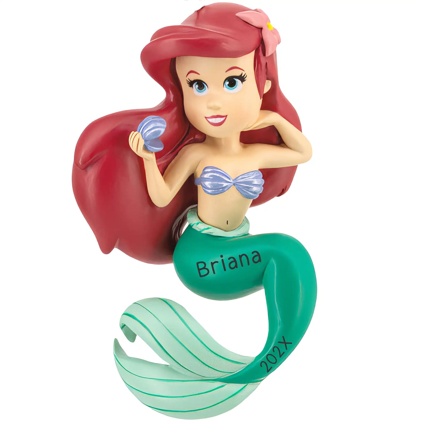 Personalized Disney Ariel Christmas ornament featuring The Little Mermaid with red hair, a purple seashell top, and green tail, customizable with a name and year for a magical holiday keepsake.