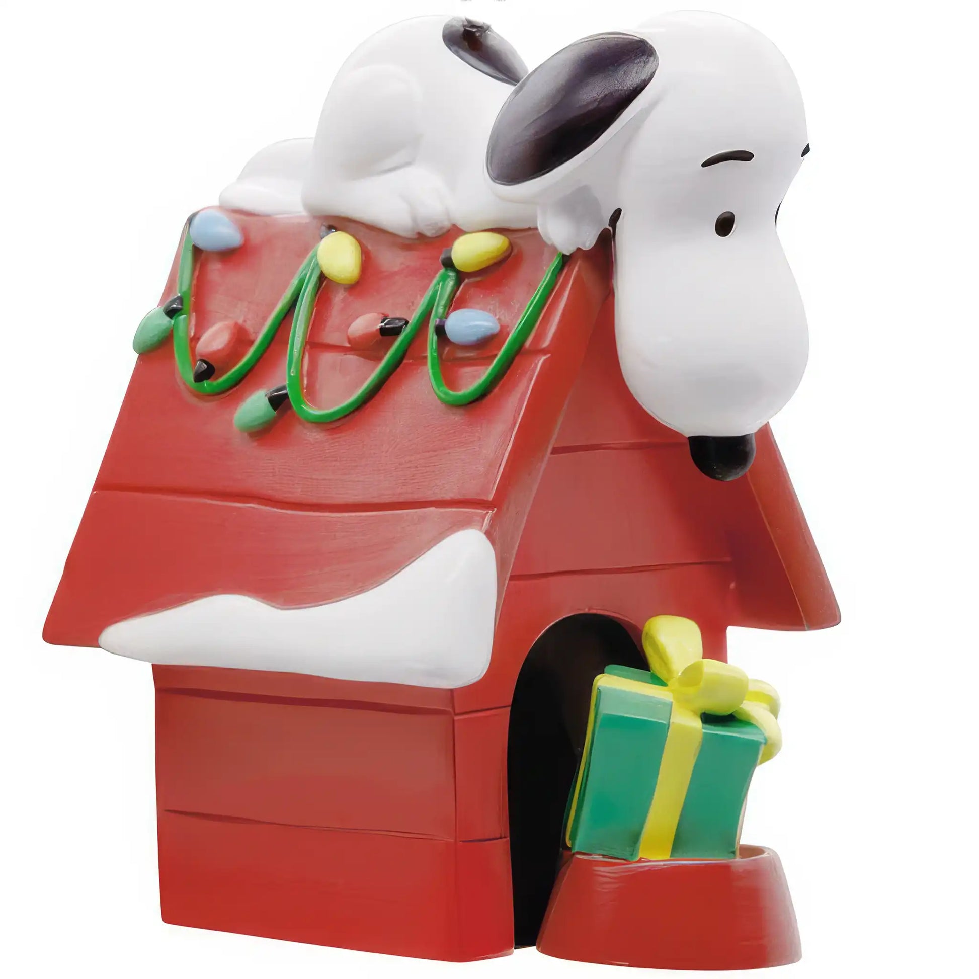 A personalized Snoopy ornament featuring Snoopy lying on top of his doghouse decorated with Christmas lights, ready for a name and year.