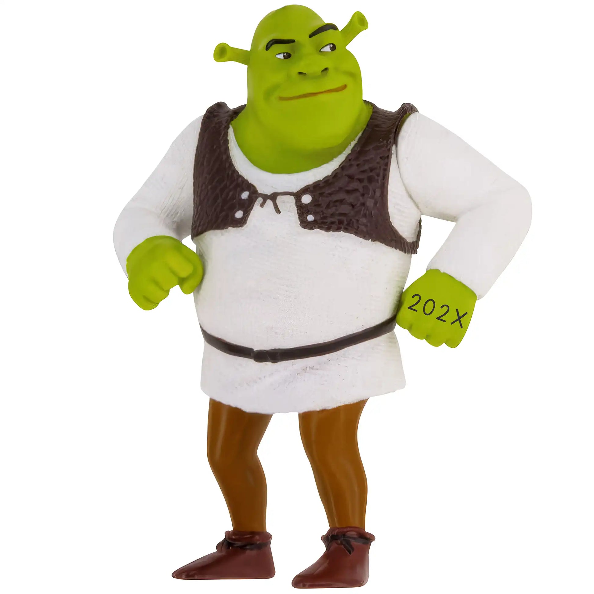 A personalized Shrek Christmas ornament featuring the green ogre in his classic outfit, customizable with a name and year.